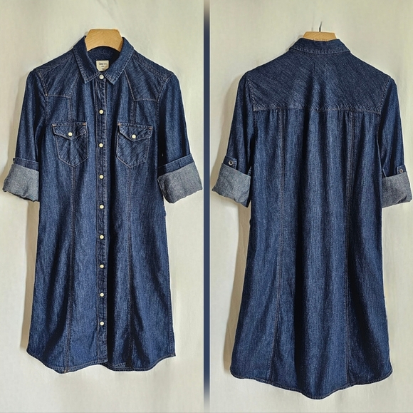 GAP 1969 Long Sleeve Dark Blue Denim Western Button Shirt Dress - Picture 6 of 16